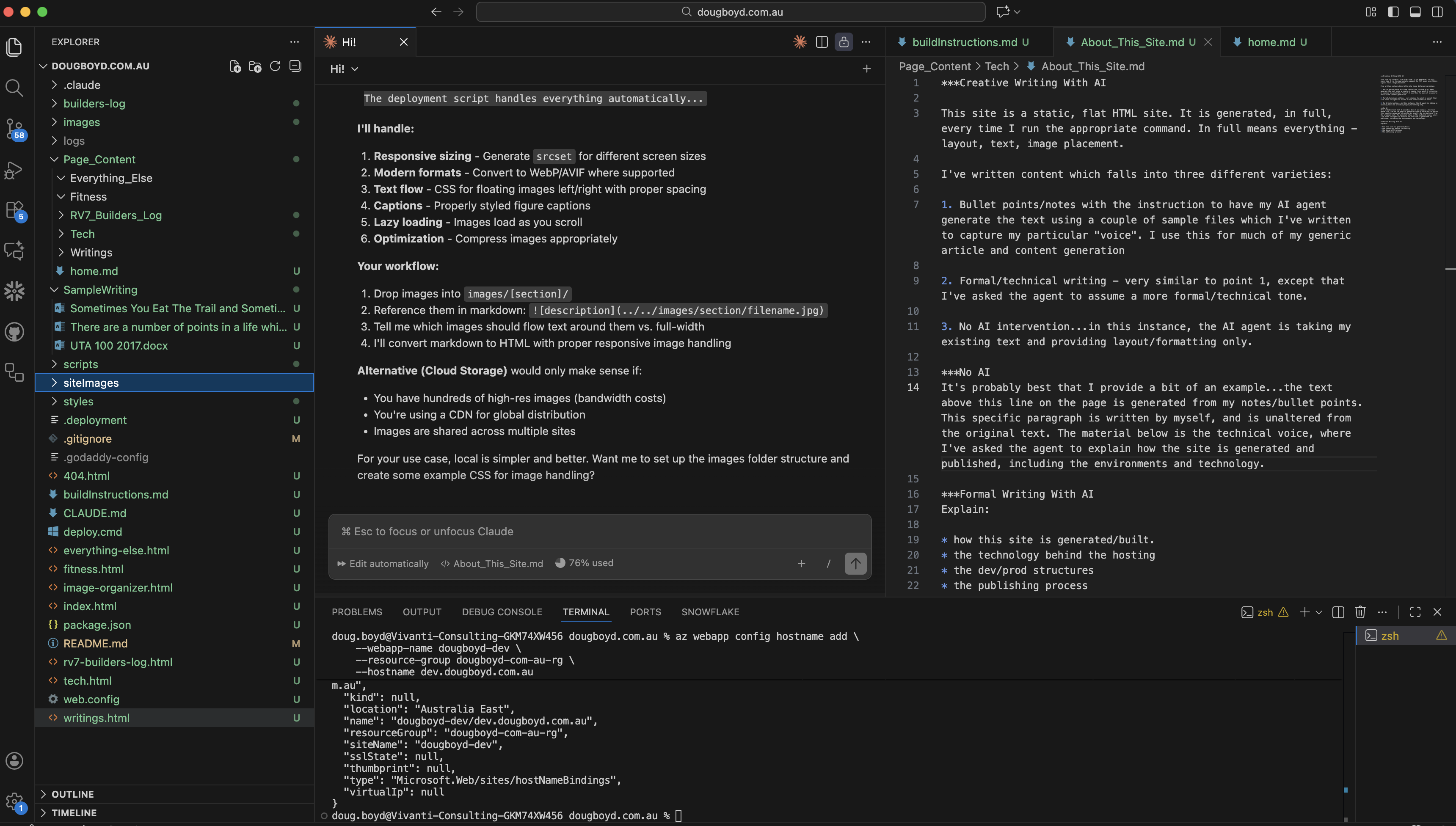 VS Code workspace showing this site's codebase